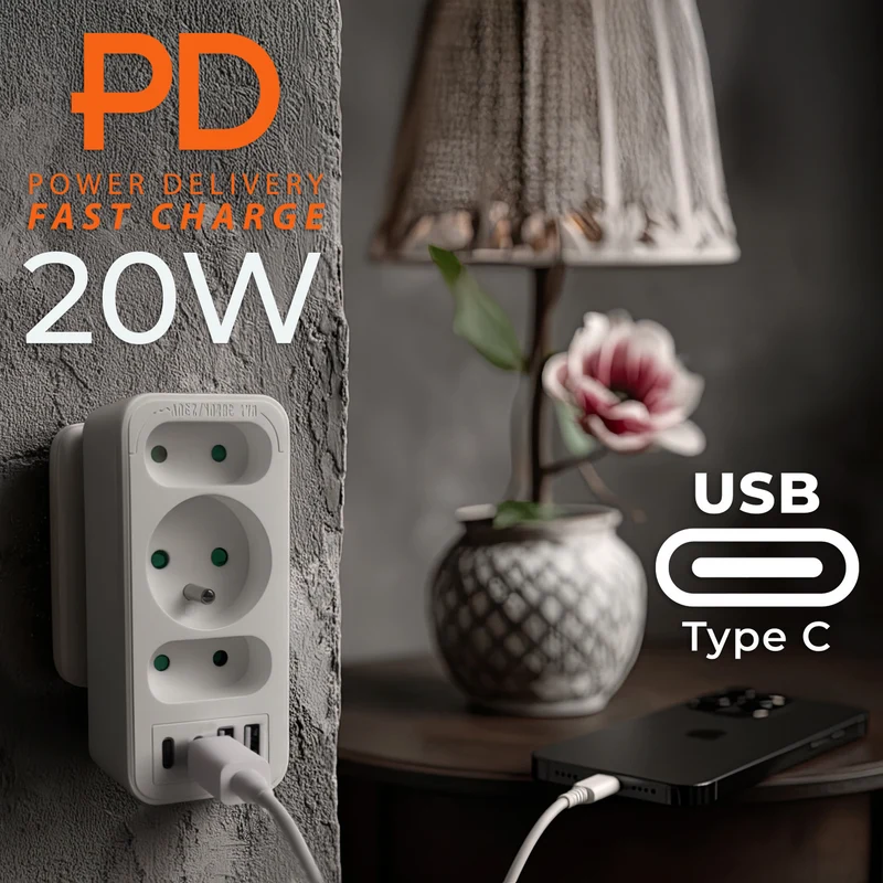Current socket x3 + 4xUSB Maclean, splitter with 3 sockets, 2xUSB A, 2xUSB C PD 20W, 1x16A + 2x6A, MCE248 F/W, 2 pieces