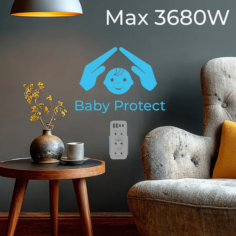 Current socket x3 + 4xUSB Maclean, splitter with 3 sockets, 2xUSB A, 2xUSB C PD 20W, 1x16A + 2x6A, MCE248 F/W, 2 pieces