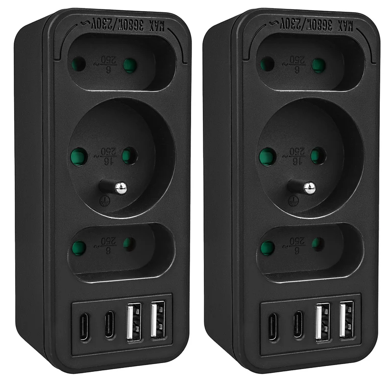Current socket x3 + 4xUSB Maclean, splitter with 3 sockets, 2xUSB A, 2xUSB C PD 20W, 1x16A + 2x6A, MCE248 F/B, 2 pieces