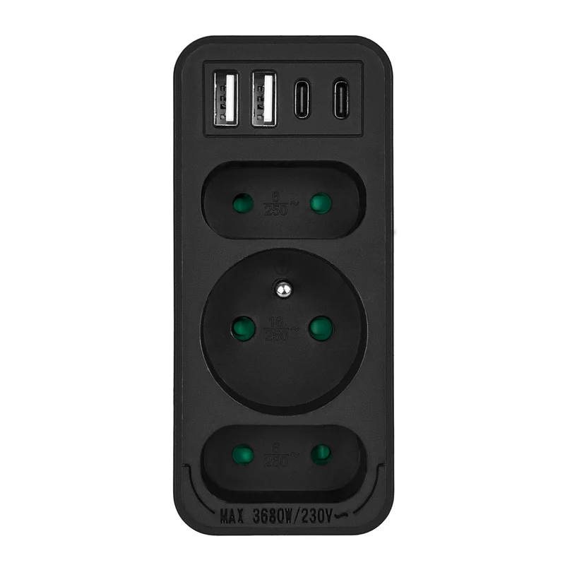 Current socket x3 + 4xUSB Maclean, splitter with 3 sockets, 2xUSB A, 2xUSB C PD 20W, 1x16A + 2x6A, MCE248 F/B, 2 pieces