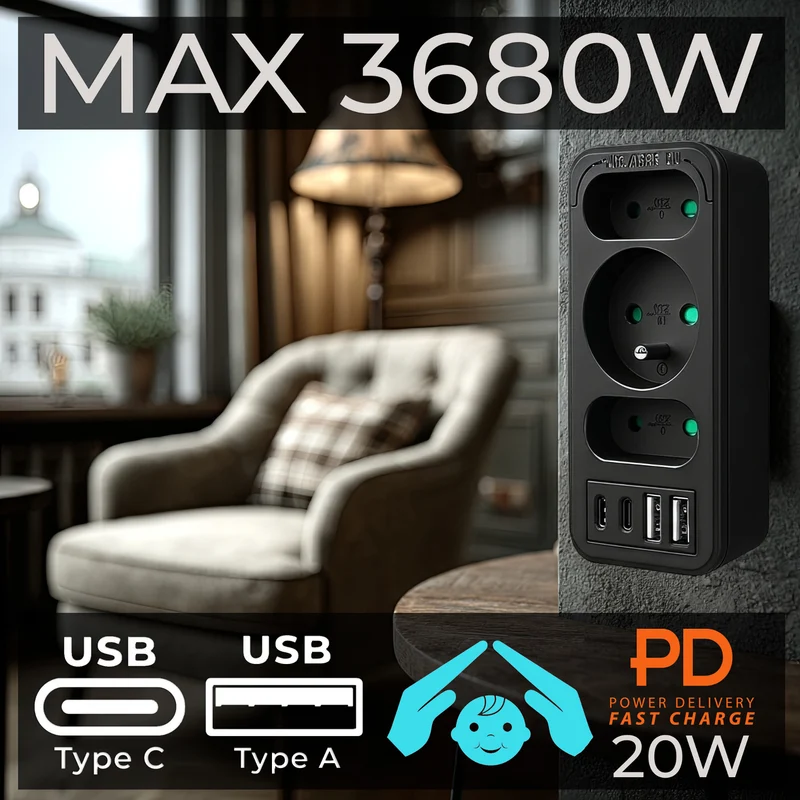 Current socket x3 + 4xUSB Maclean, splitter with 3 sockets, 2xUSB A, 2xUSB C PD 20W, 1x16A + 2x6A, MCE248 F/B, 2 pieces