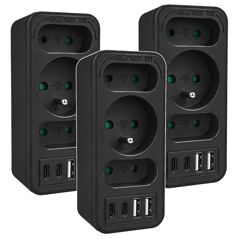 Current socket x3 + 4xUSB Maclean, splitter with 3 sockets, 2xUSB A, 2xUSB C PD 20W, 1x16A + 2x6A, MCE248 F/B, 3 pieces