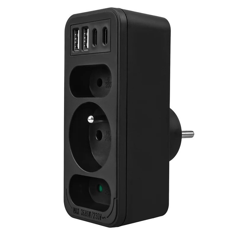 Current socket x3 + 4xUSB Maclean, splitter with 3 sockets, 2xUSB A, 2xUSB C PD 20W, 1x16A + 2x6A, MCE248 F/B, 3 pieces