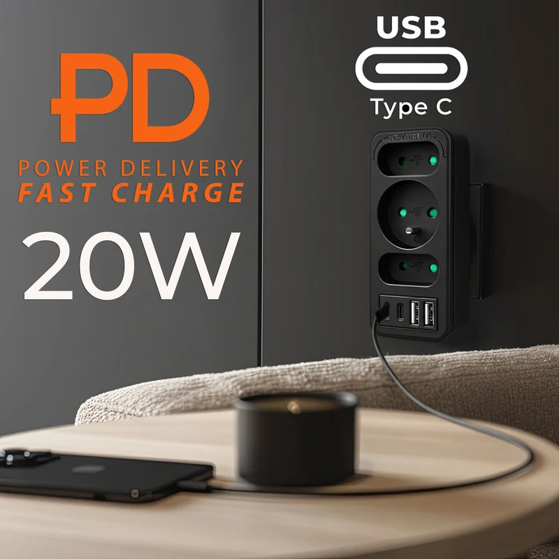 Current socket x3 + 4xUSB Maclean, splitter with 3 sockets, 2xUSB A, 2xUSB C PD 20W, 1x16A + 2x6A, MCE248 F/B, 3 pieces
