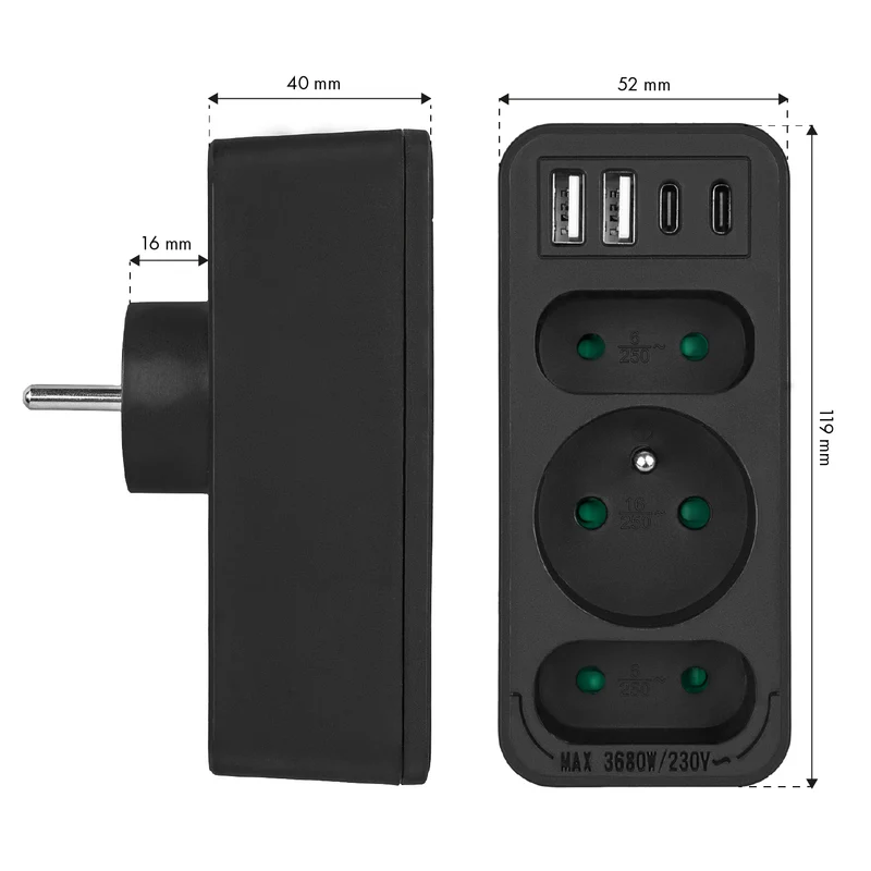 Current socket x3 + 4xUSB Maclean, splitter with 3 sockets, 2xUSB A, 2xUSB C PD 20W, 1x16A + 2x6A, MCE248 F/B