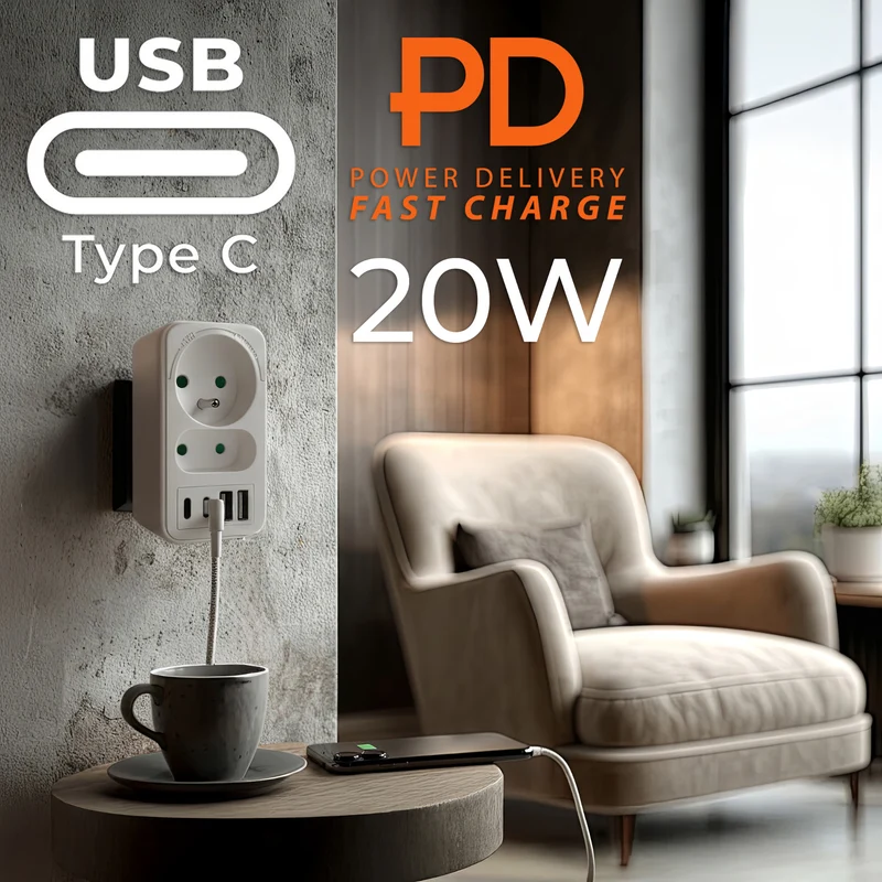 Current socket x2 + 4xUSB Maclean, splitter with 2 sockets, 2xUSB A, 2xUSB C PD 20W, 1x16A + 1x6A, MCE249 F/W