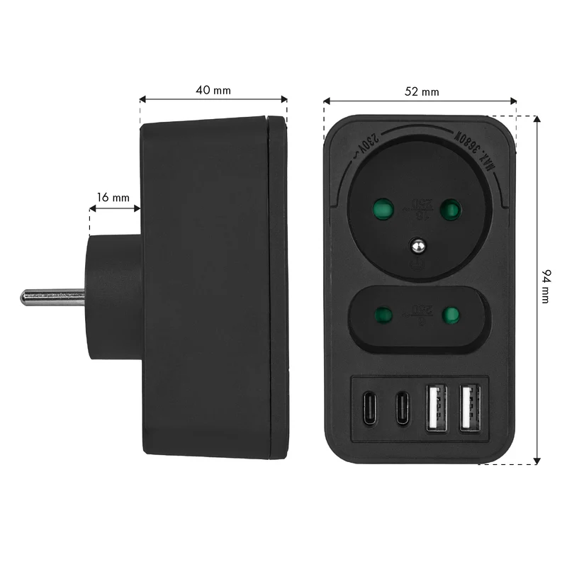 Maclean current socket x2 + 4xUSB, splitter with 2 sockets, 2xUSB A, 2xUSB C PD 20W, 1x16A + 1x6A, MCE249 F/B