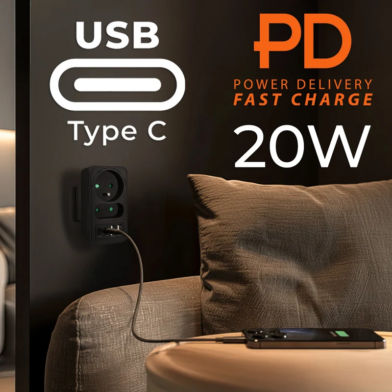 Maclean current socket x2 + 4xUSB, splitter with 2 sockets, 2xUSB A, 2xUSB C PD 20W, 1x16A + 1x6A, MCE249 F/B