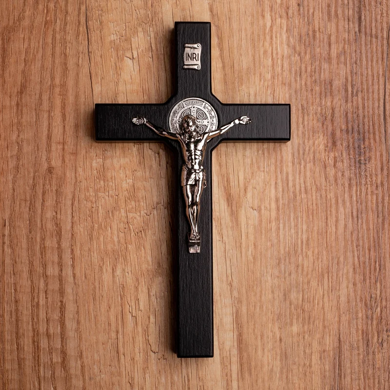 Wooden cross of St. Benedict hanging with passion flower black 22x12x1,8cm.
