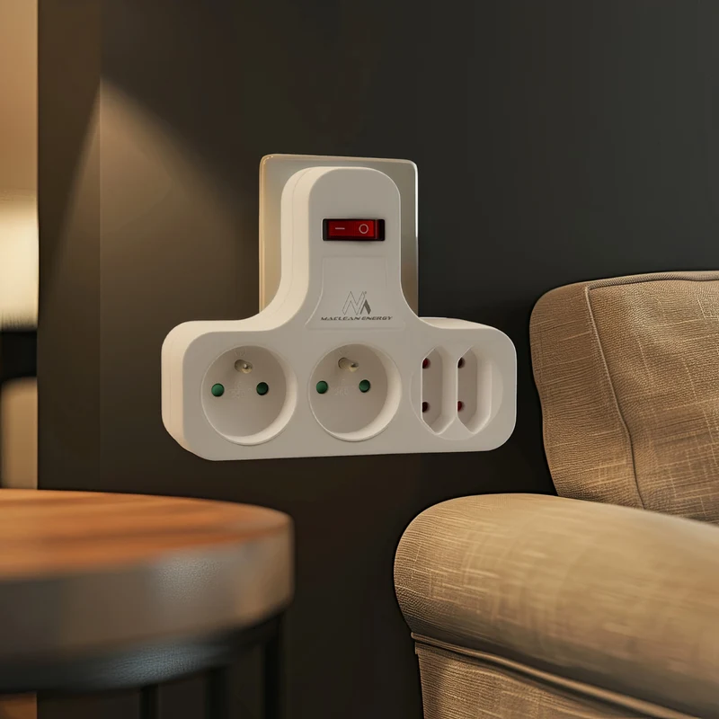 Maclean power socket, quadruple with breaker, stabilizing foot, type E, 2x2,5A, 2x16A, MCE224