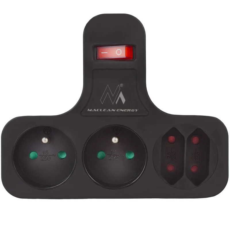 Maclean Current Socket, Quadruple with Switch, Stabilizing Foot, Type E, 2x2.5A, 2x16A, MCE224 E/B
