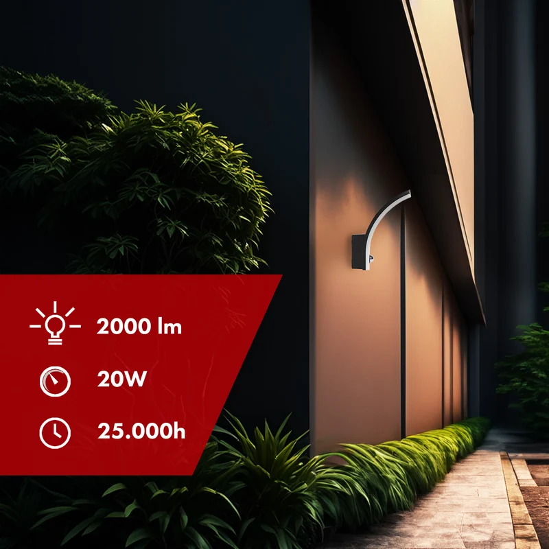 Maclean 20W IP65 2000lm black 4000K LED lamp with motion sensor