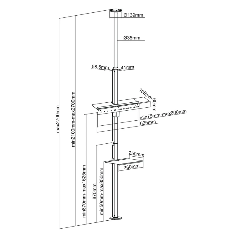 Maclean MC-791N Telescopic TV Bracket Ceiling & Floor Mount Universal Holde 37 "- 70" 30 kg QLED OLED LED LCD DVD