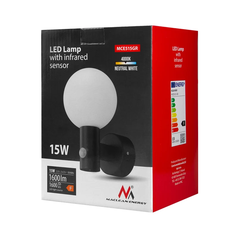 Maclean motion sensor LED lamp, PIR motion sensor, grey, 15W, IP65, 1600lm, neutral white (4000K) MCE515 GR, 2 pieces