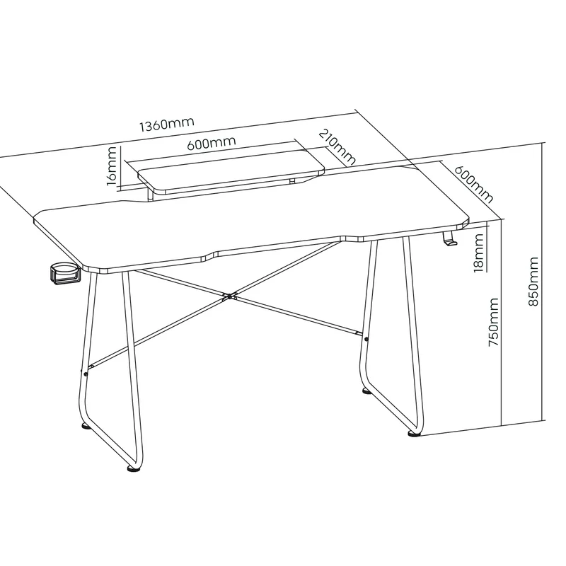 NanoRS gaming desk with monitor shelf, 50kg max, height 850mm, black, RS170+Cable organizer / desk grille Nano RS, 1345mm, black and red, RS125