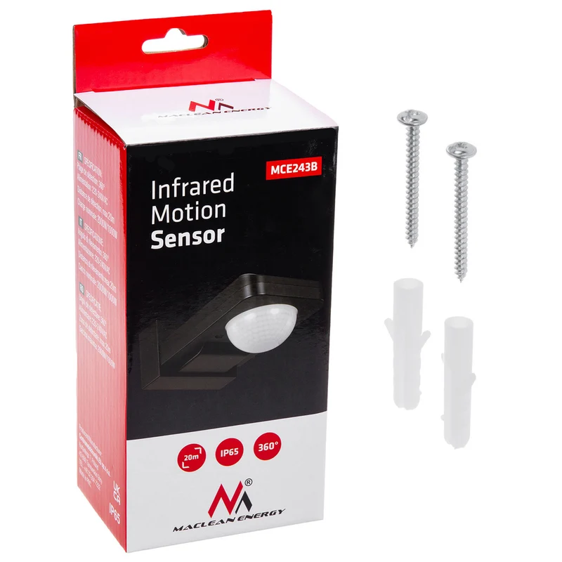 Maclean PIR motion sensor, infrared, IP65, max 2000W, black, MCE243 B, 2 pieces