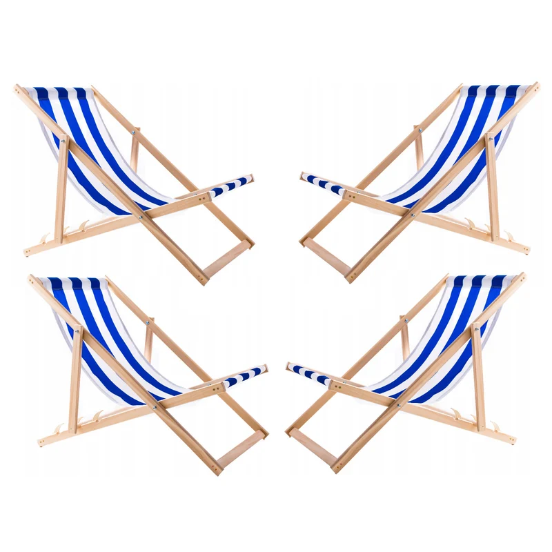 Set of 4 Comfortable Wood Deck Chairs with Blue Stripes – Perfect for Beach, Balcony, or Terrace, Fully Assembled