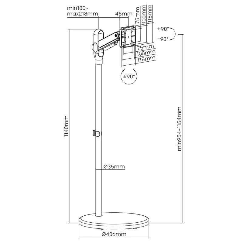 Maclean MC-970W Mobile Monitor or TV Floor Stand, Casters, Gas Spring, 17"-35", 2-10kg, White, VESA standard: 75x75, 100x100 mm
