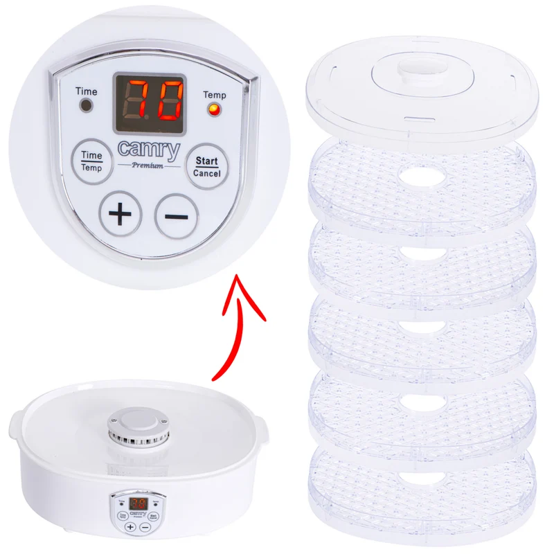 Camry CR 6659 Food Dehydrator 5 Trays 550W 35-70°C Temperature Control Electric Display Timer Perfect for Mushrooms Vegetables Fruit Fish Meat Herbs Flowers