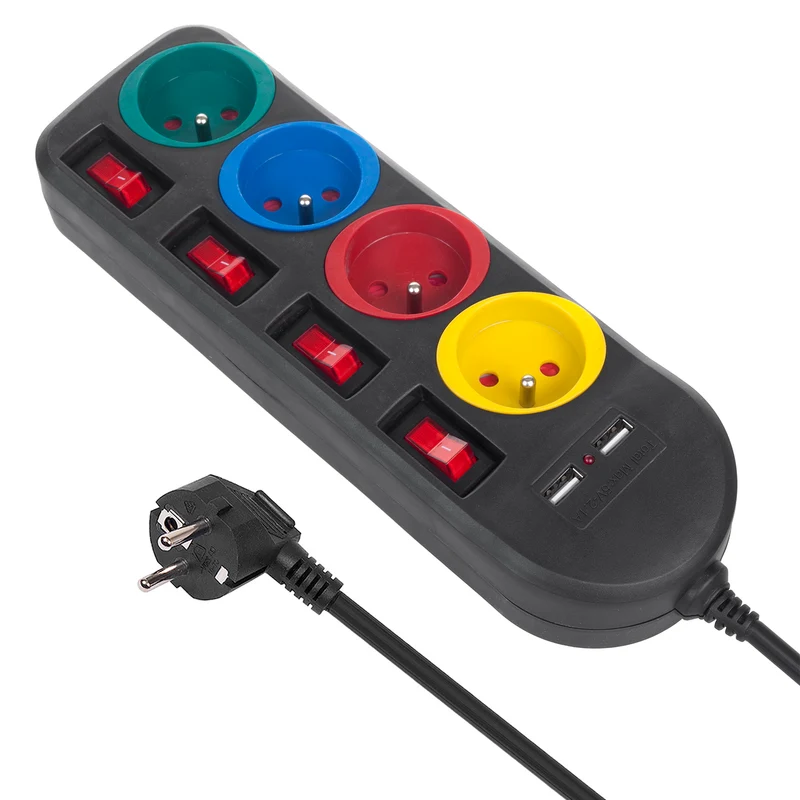 Maclean power strip, extender 4 sockets + 2xUSB, with switches, 250VAC/10A, 2.1A 5V, 1.5m, white, MCE229B + USB cable MCE471