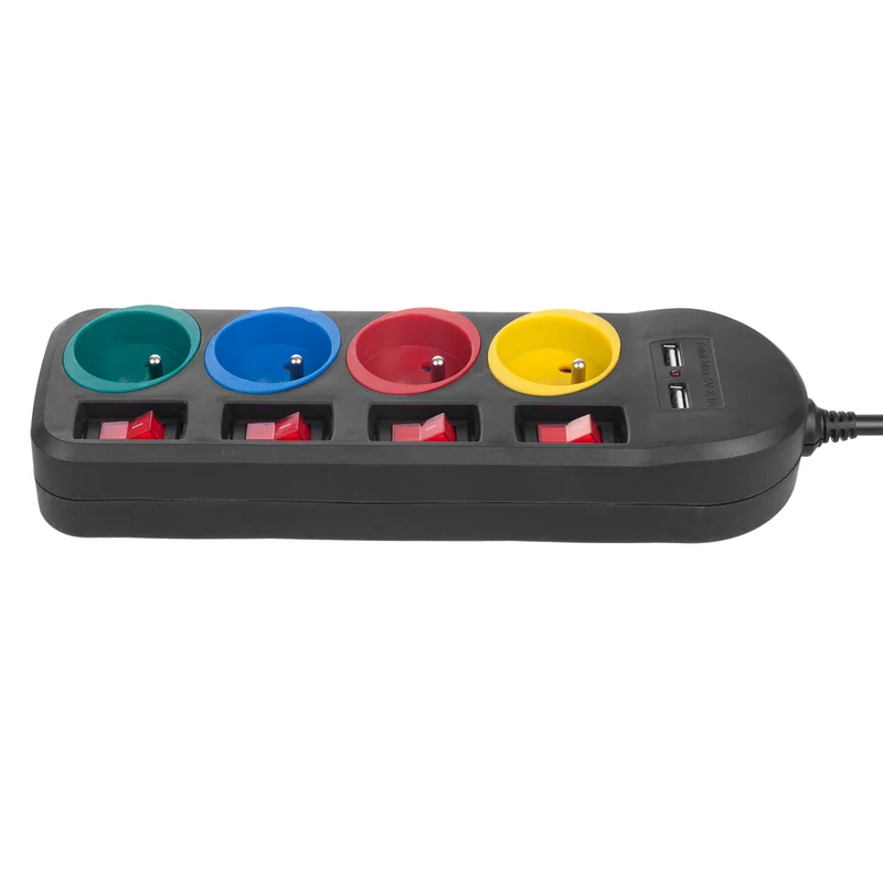 Maclean power strip, extender 4 sockets + 2xUSB, with switches, 250VAC/10A, 2.1A 5V, 1.5m, white, MCE229B + USB cable MCE471