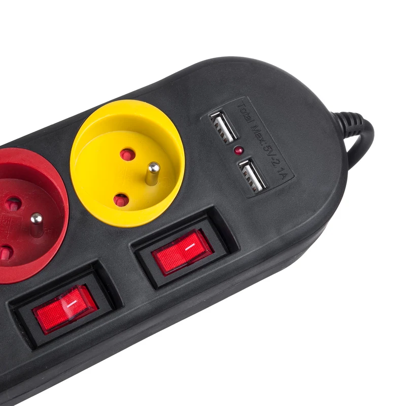 Maclean power strip, extender 4 sockets + 2xUSB, with switches, 250VAC/10A, 2.1A 5V, 1.5m, white, MCE229B + USB cable MCE471