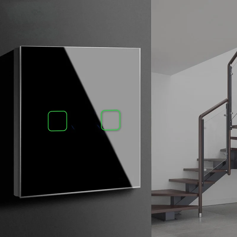 Maclean MCE712B Glass Touch Light Switch with LED Backlight Staircase 2-Gang 2-Way Black Square Button