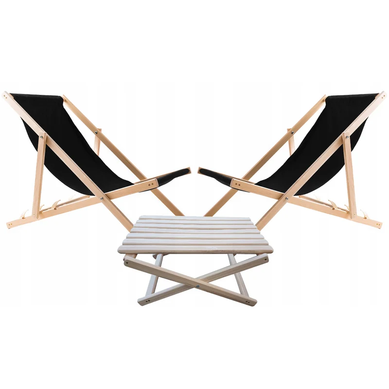 Set of 2 beach chairs, black color + wooden coffee table Woodok