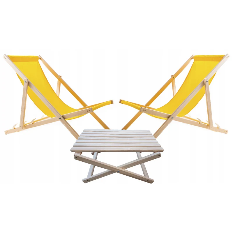 Set of 2 beach chairs, yellow + wooden coffee table Woodok