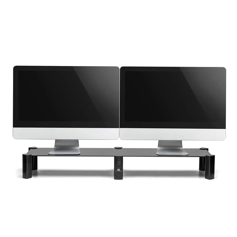 Maclean MC-936 Double Monitor Stand Shelf Height Adjustable Two Screens Stand Laptop Stand Tempered Glass Laptop 2 Monitors Stand Up To Max 20kg Black