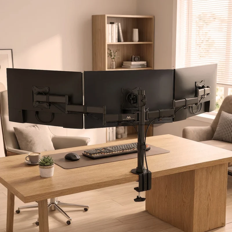 Maclean MC-691 TRE Triple Stand 3 Monitors Bracket Desk Mount Holder Table Mounting Arm 13" - 27" 8kg