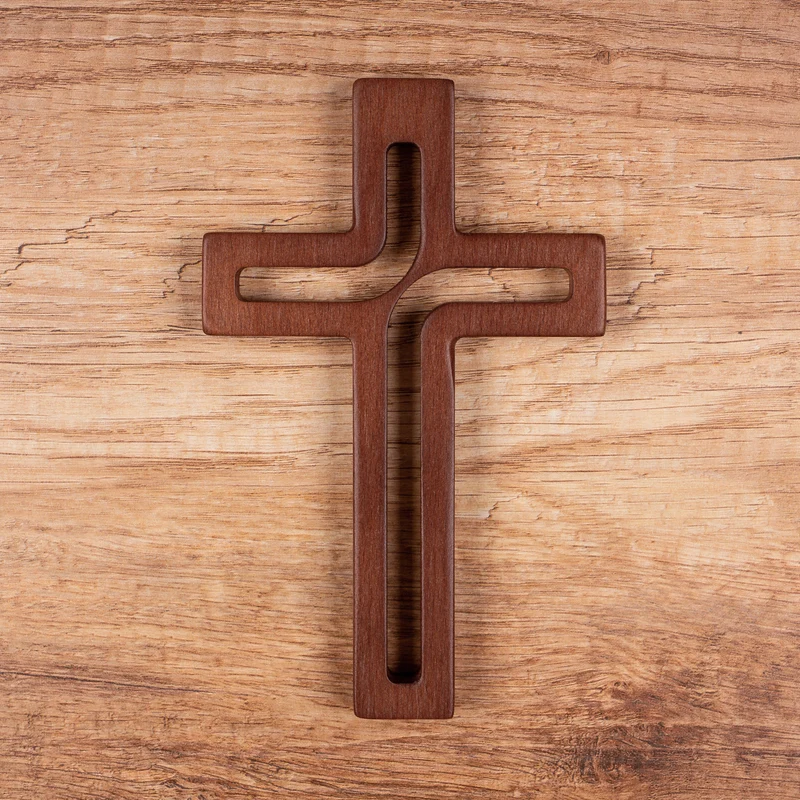 Modern Wall Hanging Cross Beech Wood Brown 25 x 16 x 1.6 cm Decoration Gift Christening Wedding Comunion