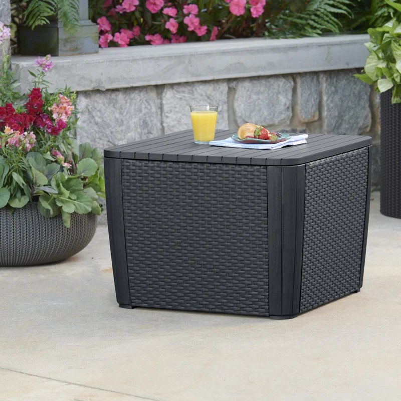 Keter 241664 Outdoor Side Table with Storage Wicker Texture Graphite Grey Sturdy Weatherproof