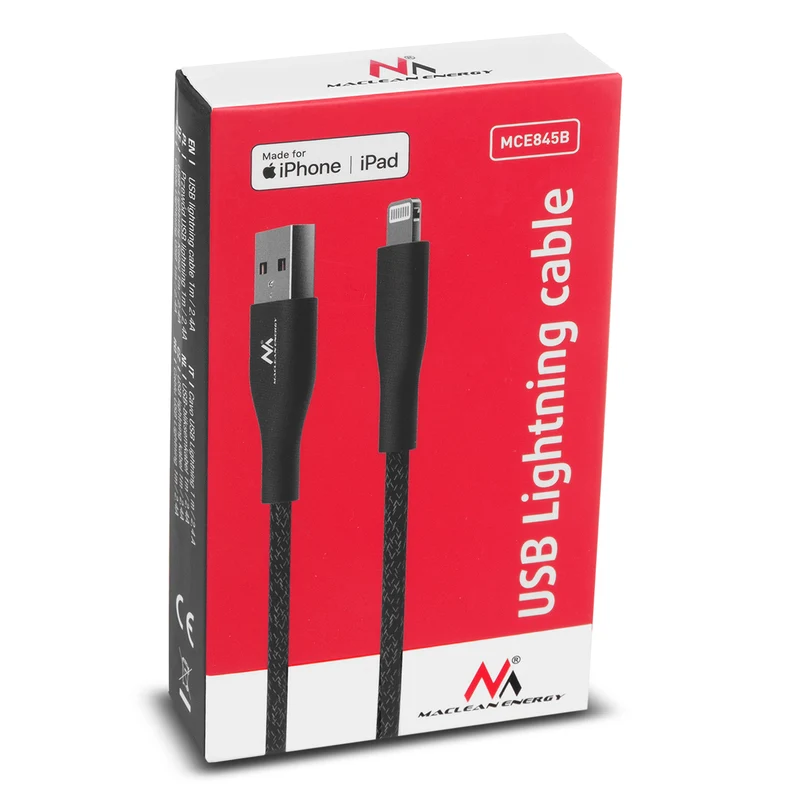 Maclean MCE845B MFi Cable Charging Data Transfer Fast Charge USB 2.4A Black 1m 5V 2.4A Nylon