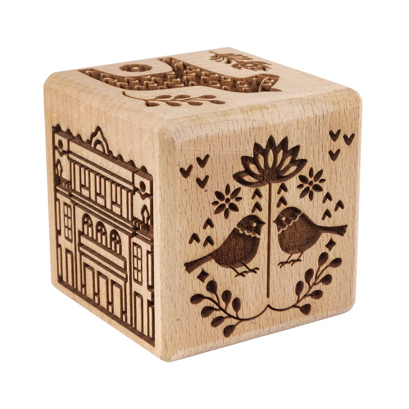 Goody Woody engraved cake cube, 6 cm, beech wood, 6 designs, Scandinavian style
