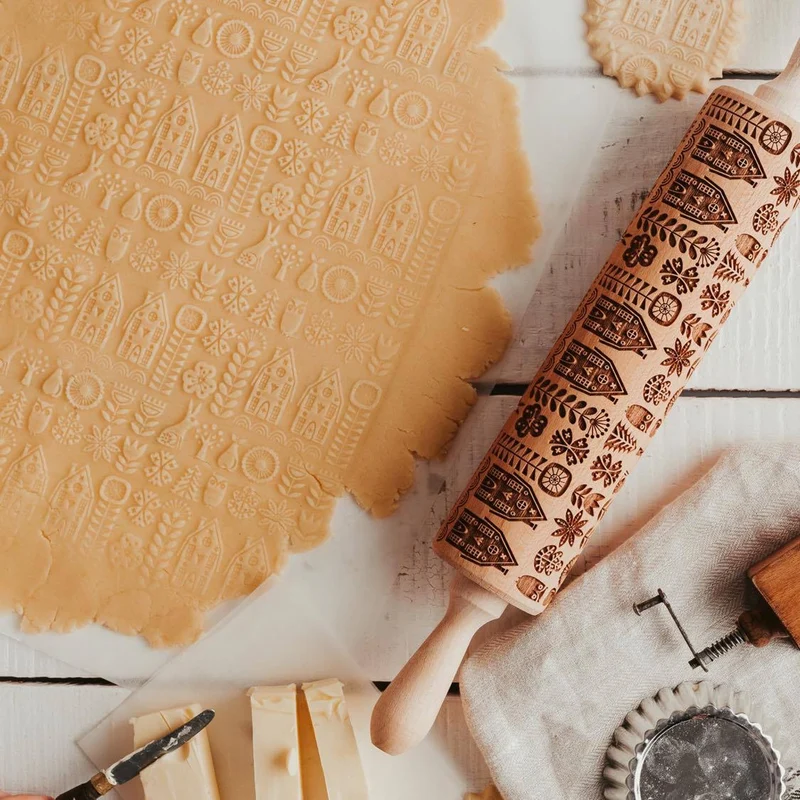 Goody Woody engraved cake roller, 46 cm, beech wood, Scandinavian style