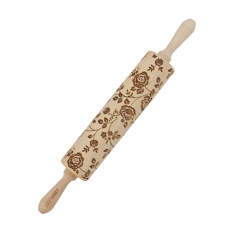 Goody Woody engraved cake roller, 46 cm, beech wood, wild rose pattern